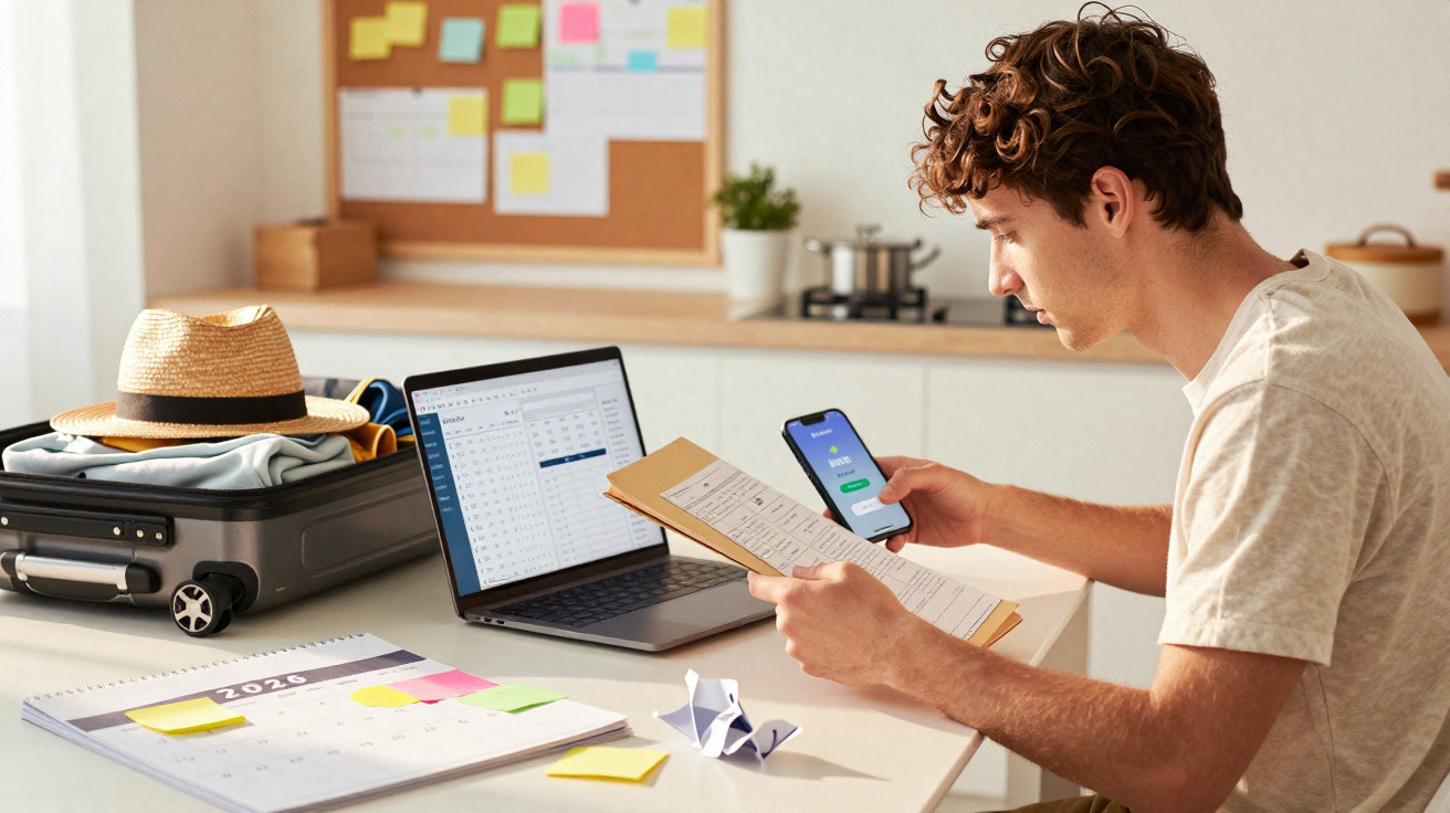 Jovem analisando documentos e celular, com laptop e mala aberta em cozinha planejada.