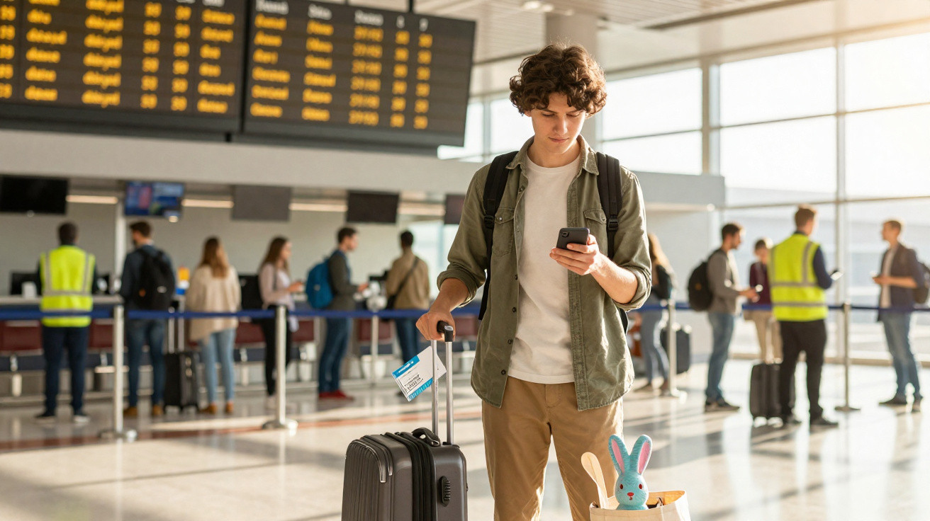 Jovem com mala preta e mochila consulta celular em aeroporto com painel de voos ao fundo.
