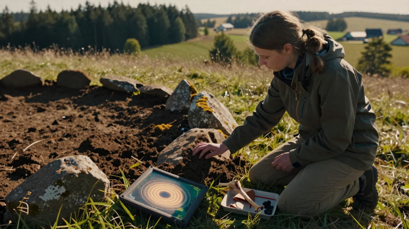 Mulher agachada em campo arando terra ao lado de pedras com tablet e ferramentas ao chão.