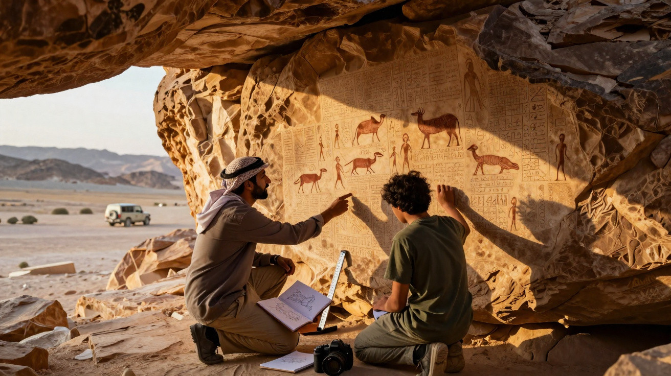 Dois homens estudam desenhos rupestres antigos em uma caverna no deserto ensolarado.