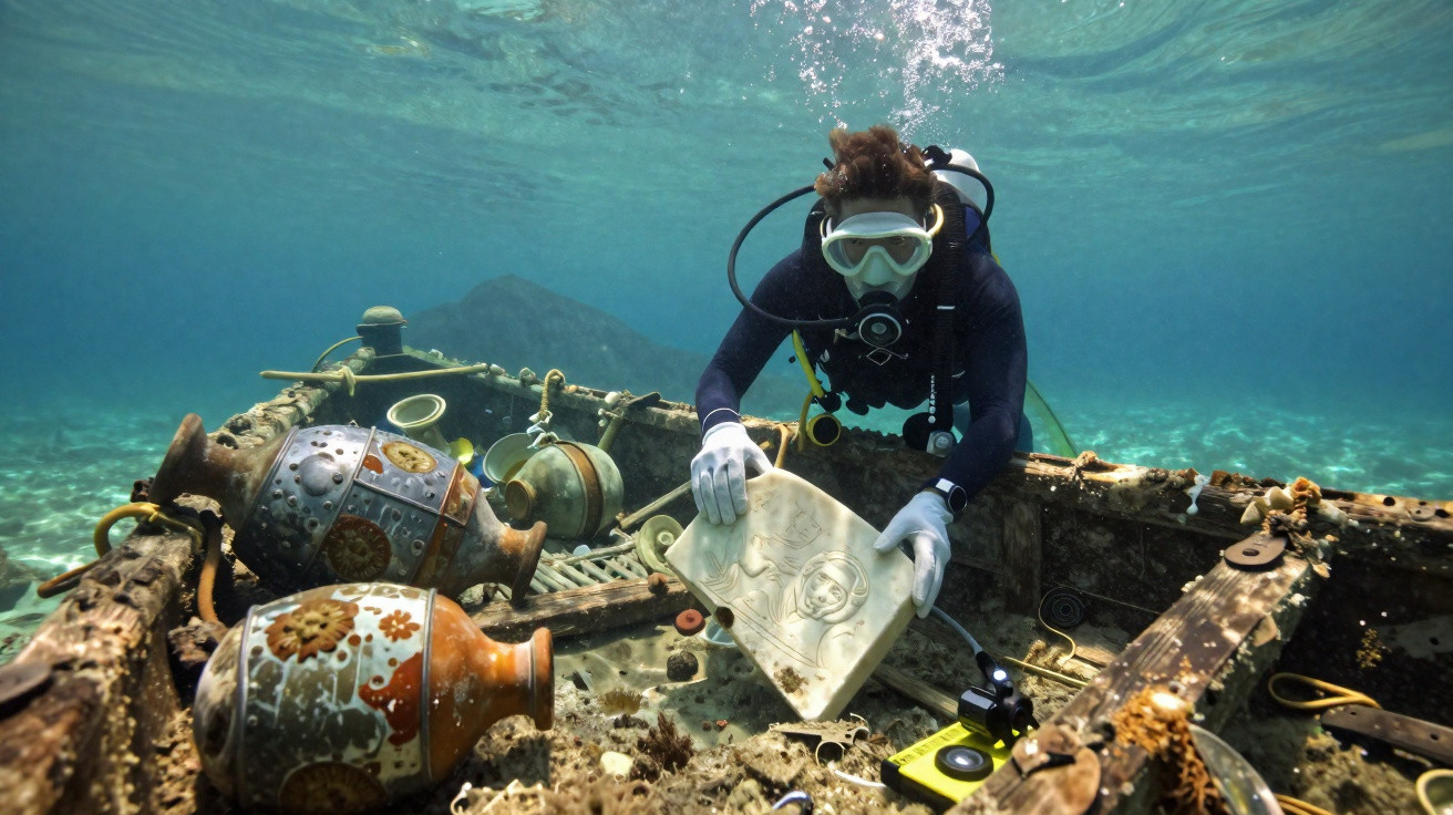 Mergulhador explorando destroços subaquáticos segurando placa antiga em caverna de barco naufragado.