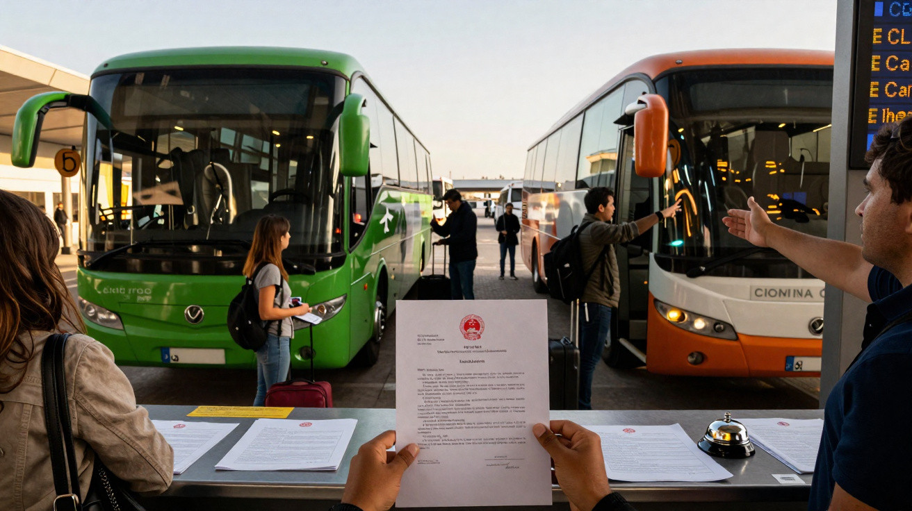 Pessoa segurando papel em bilheteria de ônibus com ônibus verde e laranja ao fundo em terminal rodoviário.