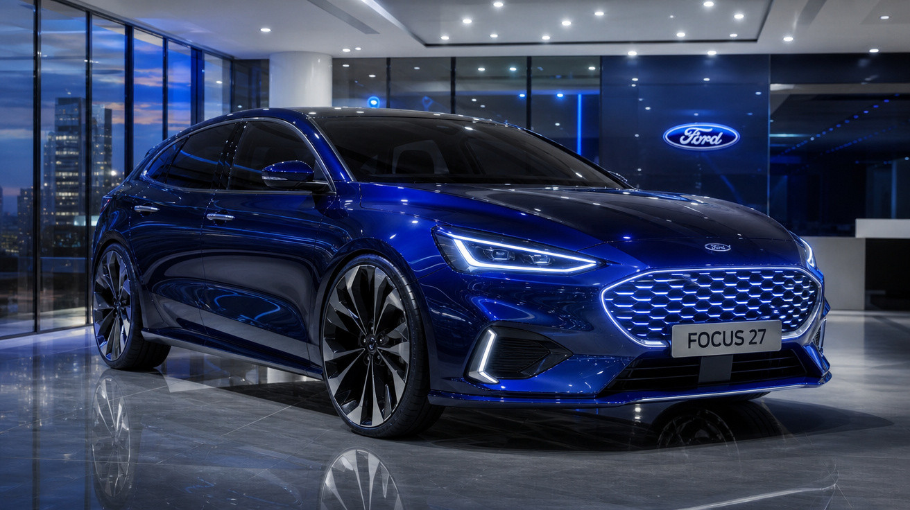 Carro Ford Focus 27 azul metálico em showroom moderno com iluminação e logo Ford ao fundo.