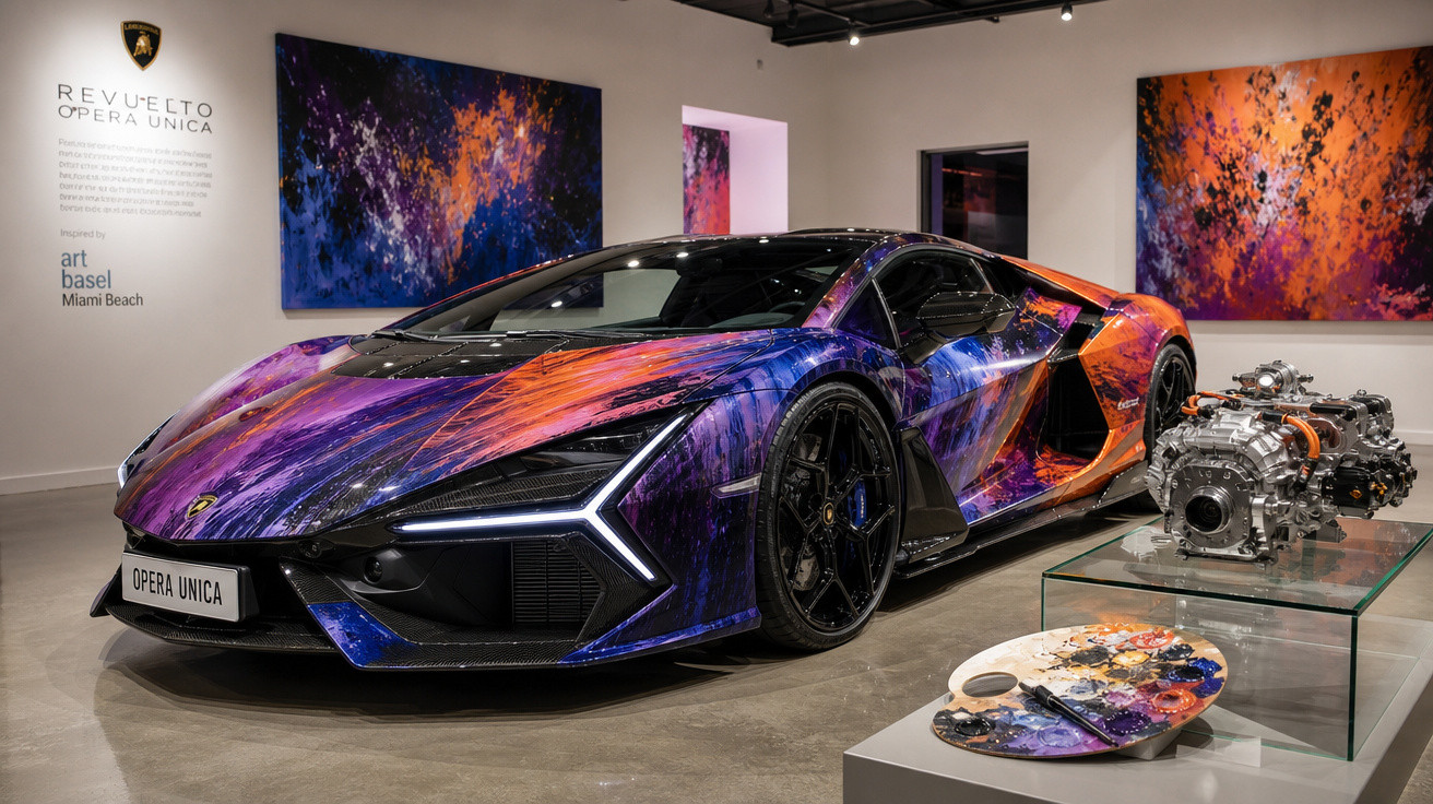 Carro esportivo Lamborghini com pintura artística colorida, exposto em galeria com quadros abstratos e motor à mostra.