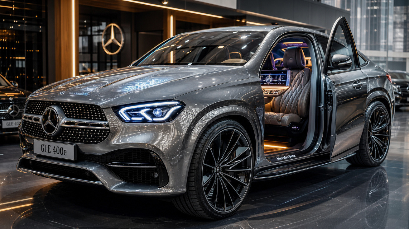 Mercedes-Benz GLE 400e prata com porta dianteira aberta, interior luxuoso e iluminação ambiente em showroom.