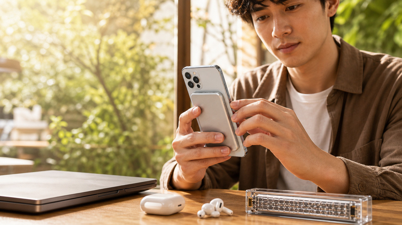 Jovem usando smartphone com capa transparente e carregador portátil em mesa ao ar livre.