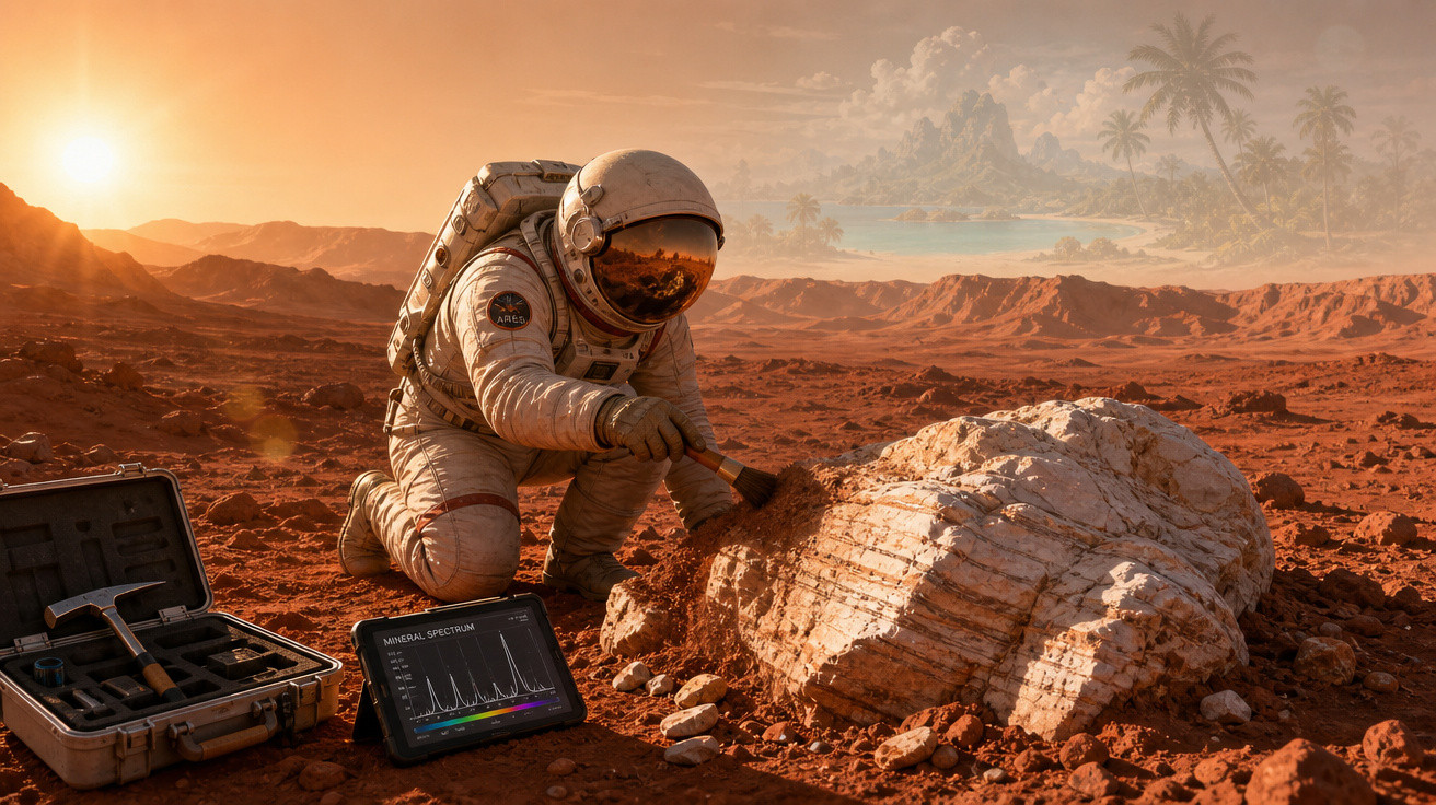 Astronauta escavando solo vermelho ao pôr do sol em planeta deserto com tablet e ferramentas.