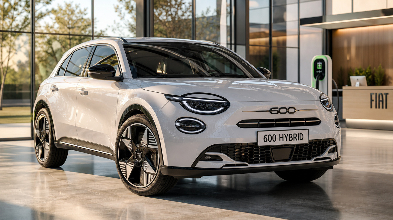 Carro SUV branco Fiat 600 Hybrid estacionado em showroom moderno com paredes de vidro.