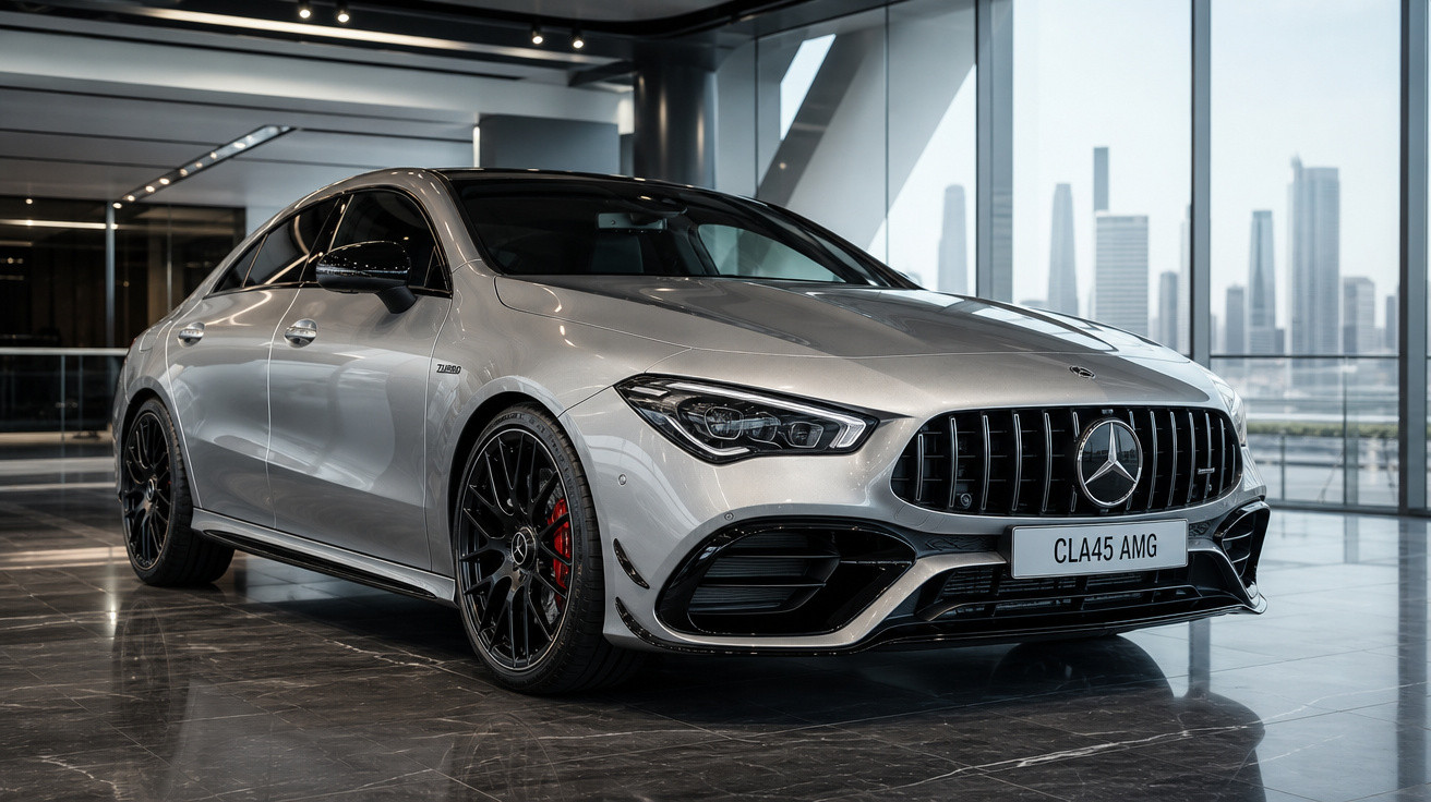 Mercedes-Benz CLA45 AMG prata estacionado em ambiente interno com detalhes esportivos e rodas pretas.