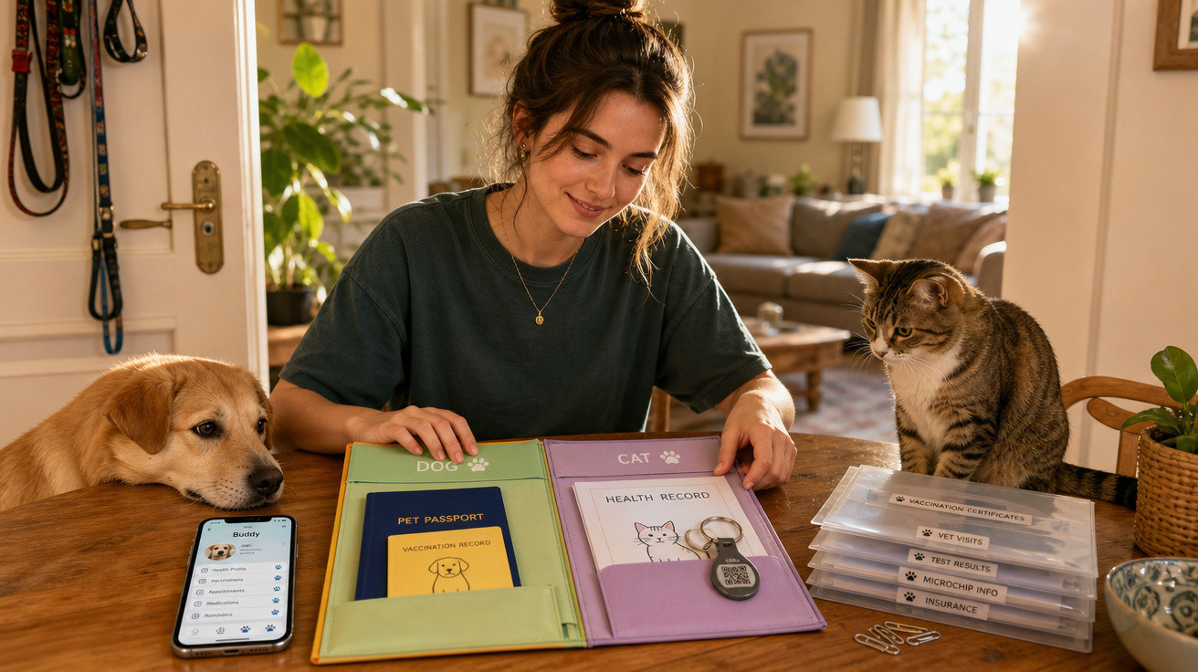 Mulher organiza documentos de saúde de cachorro e gato, ambos próximos a ela em uma mesa.