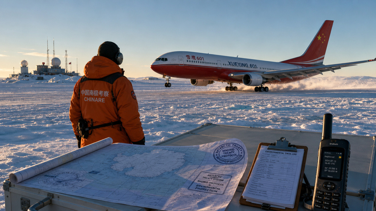 Pessoa com jaqueta laranja observa avião vermelho e branco pousando em área com neve e equipamentos de monitoramento.