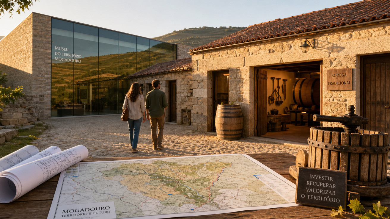 Casal caminha em pátio com mapa, construção histórica e museu moderno ao fundo no Museu do Território Mogadouro.