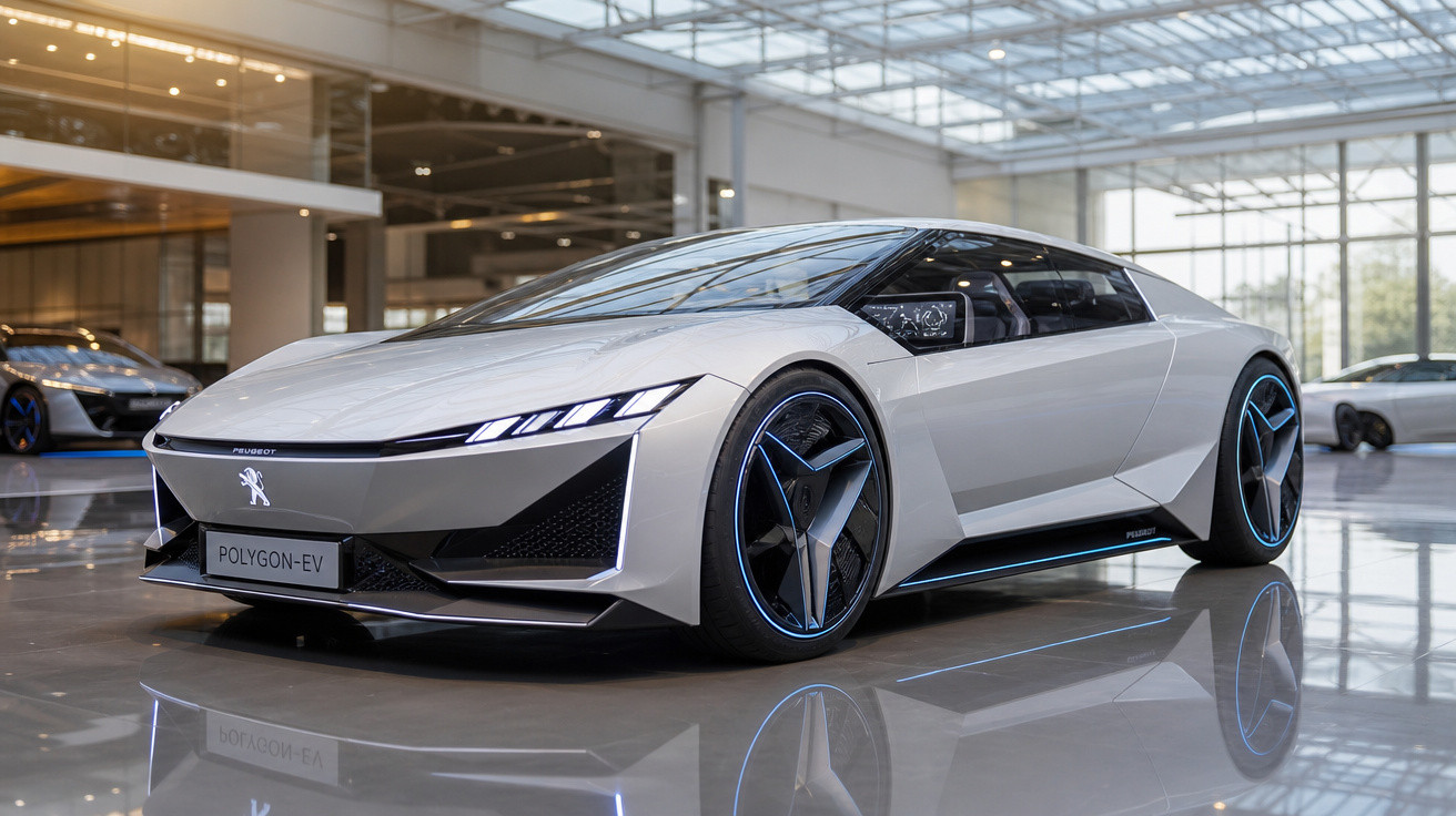 Carro elétrico Peugeot Polygon-EV prata com design futurista em showroom iluminado.