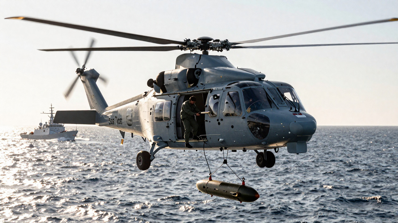 Helicóptero militar realizando operação com torpedo sobre o mar, com navio ao fundo.