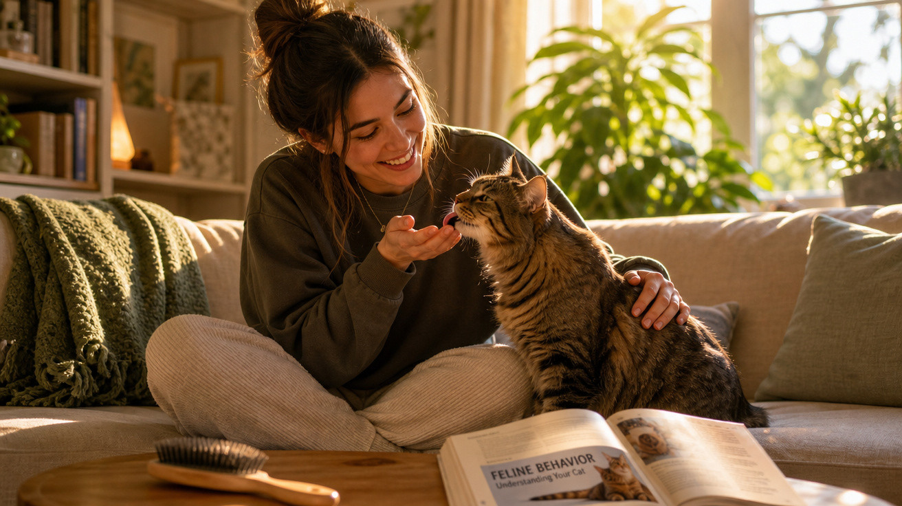 Mulher sorridente alimenta e acaricia gato sentado no sofá em ambiente iluminado pela manhã.