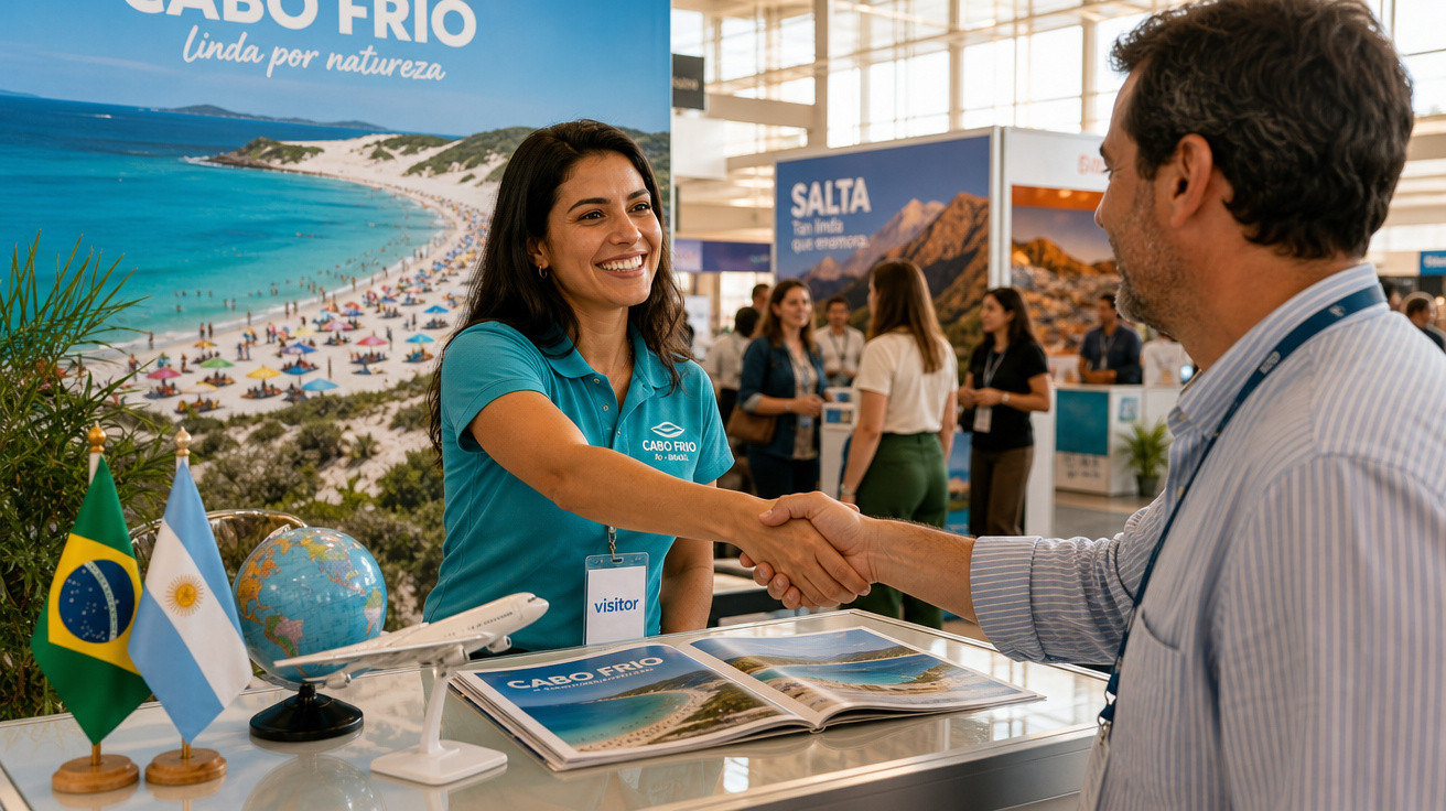 Mulher sorridente cumprimenta homem em estande de turismo de Cabo Frio com bandeiras do Brasil e Argentina.
