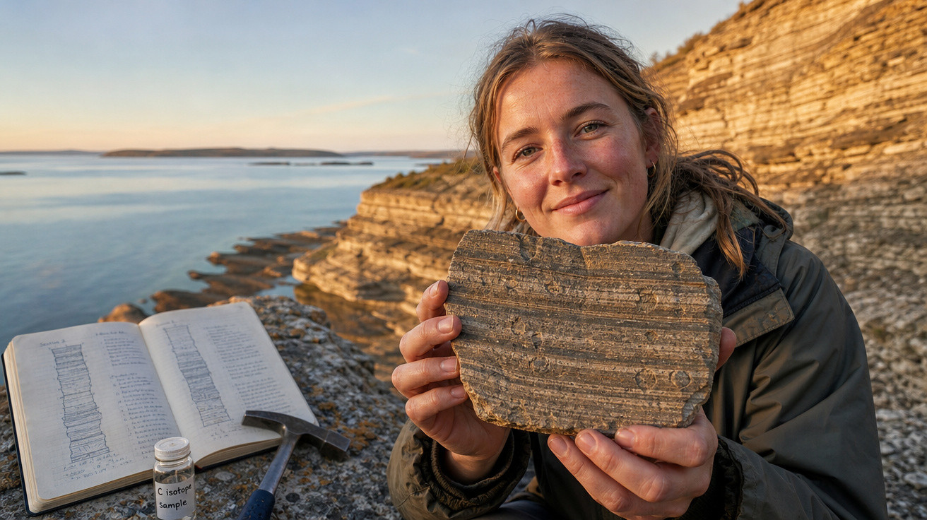 Mulher segura fragmento de rocha estratificada perto do mar, com livro, martelo e amostra geológica.