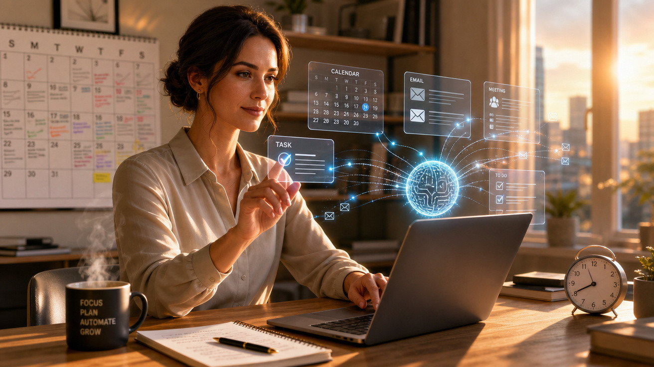 Mulher trabalhando com laptop e hologramas virtuais de calendário, e-mails e tarefas em escritório iluminado.