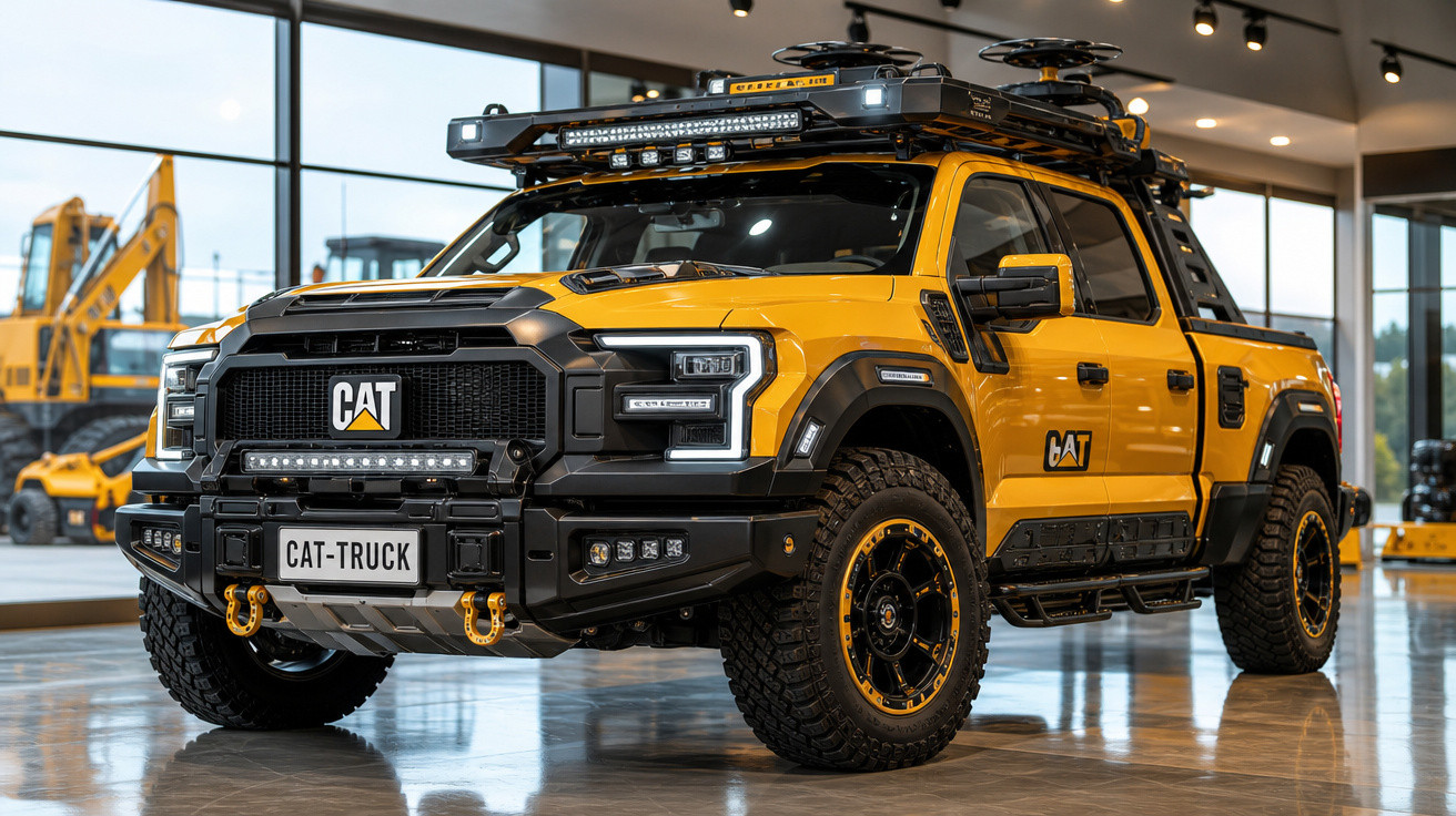 Caminhonete amarela CAT robusta com pneus off-road e luzes adicionais em showroom moderno.