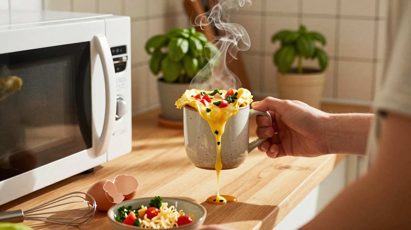 Mão segurando caneca com omelete saindo, próximo a micro-ondas e tigela com macarrão e legumes na bancada.