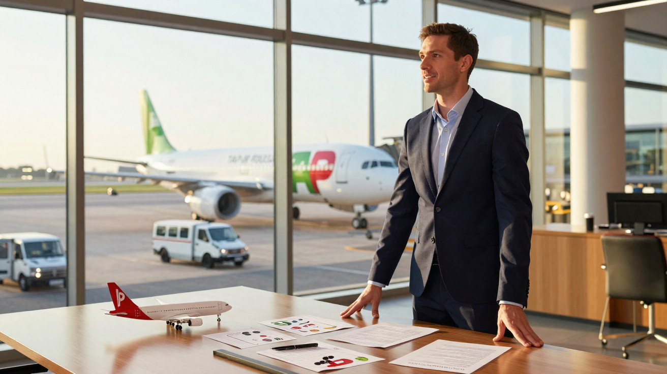 Homem de terno em agência de viagens com maquete de avião e aeronave real ao fundo no aeroporto.