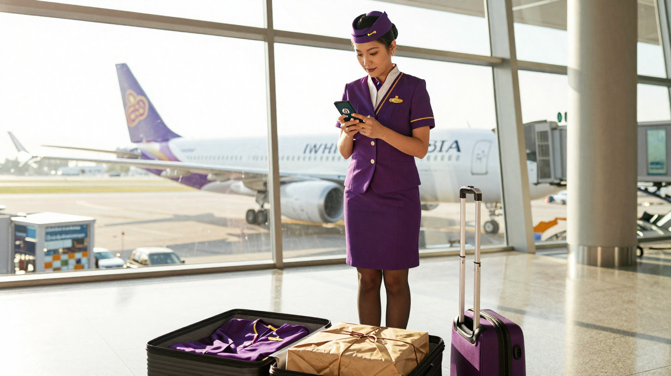 Comissária de bordo em uniforme roxo usando celular no aeroporto com mala aberta e avião ao fundo.