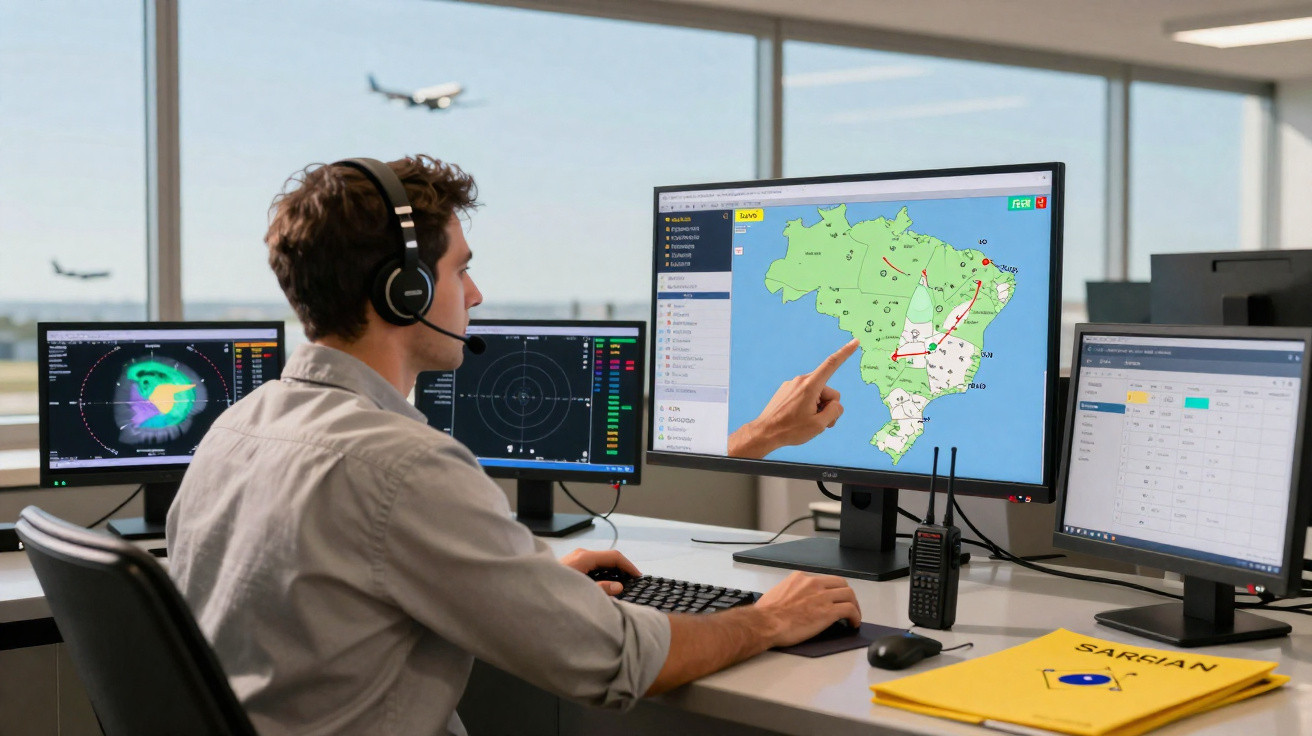 Homem com headset operando telas de monitoramento de voo e mapa do Brasil em sala com janelas e aviões ao fundo.