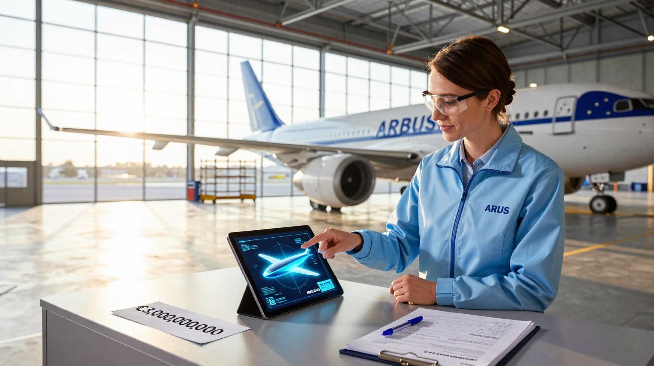 Mulher em uniforme azul em hangar verifica projeto de avião em tablet com avião Airbus atrás.