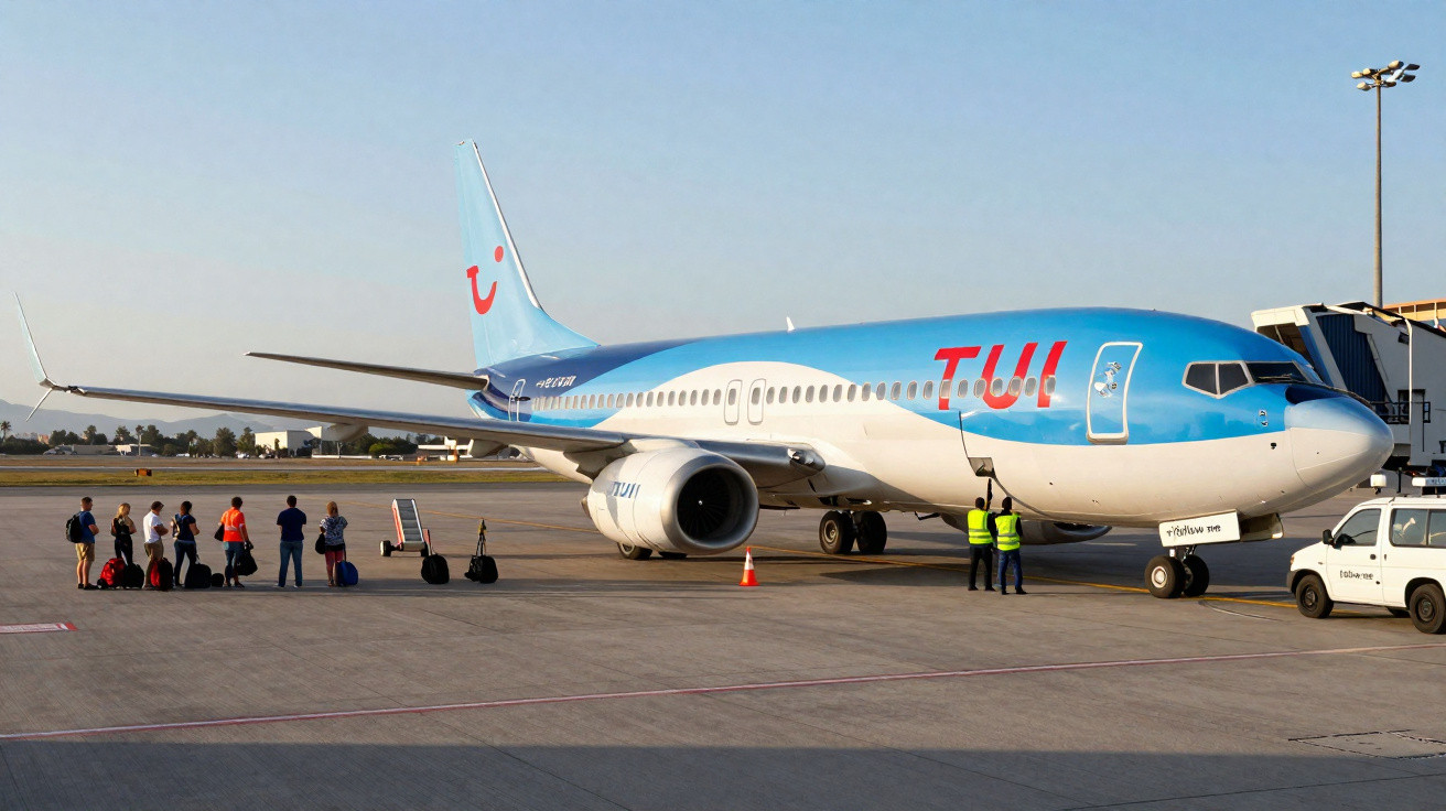 Avião da TUI no portão de embarque com passageiros e equipe no aeroporto ao entardecer.