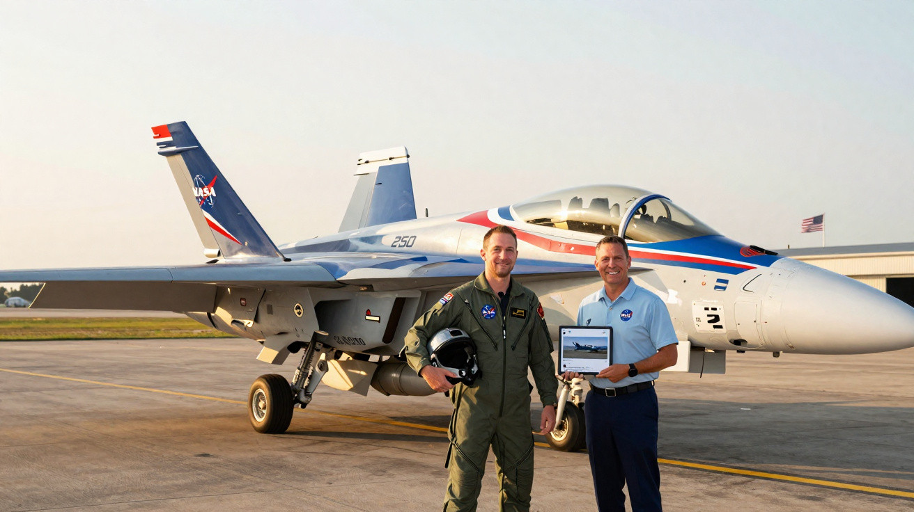 Dois homens com uniforme da NASA posam em frente a um avião de caça na pista de aeroporto.