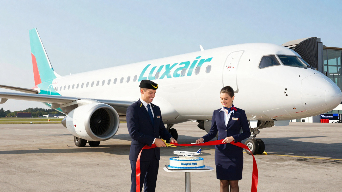 Piloto e comissária da Luxair cortam fita vermelha ao lado de avião branco em pista de aeroporto.