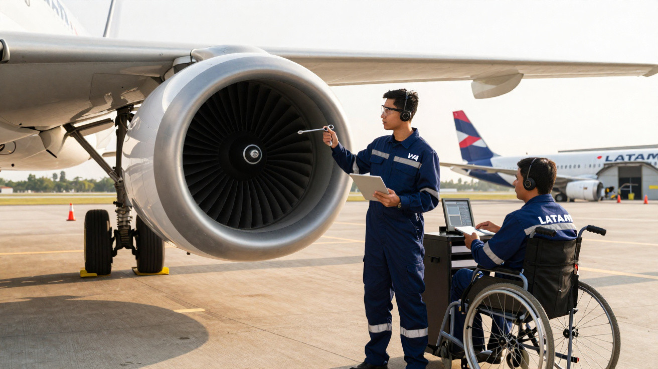Dois técnicos, um em cadeira de rodas, inspecionam motor de avião com fones e tablet na pista do aeroporto.