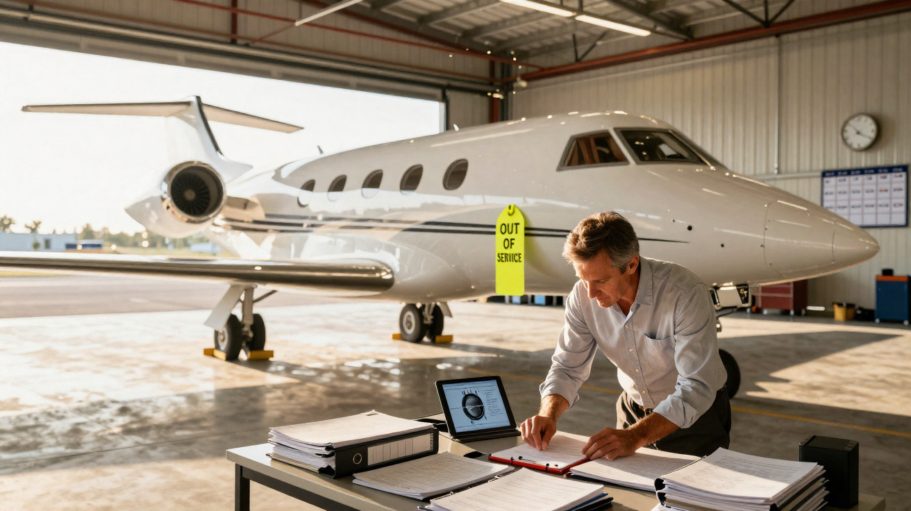 Homem revisando documentos em mesa ao lado de jato privado parado em hangar com placa "Out of Service".