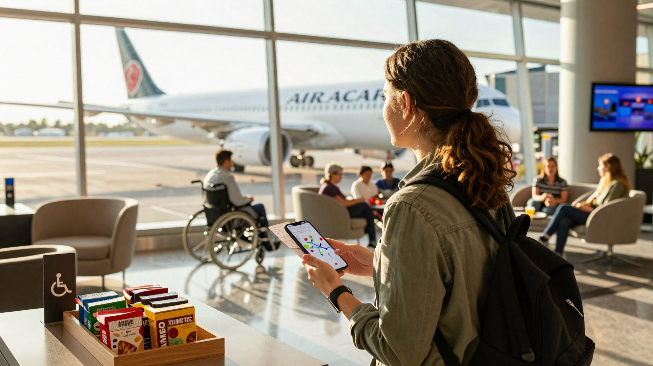 Jovem com mochila usando celular em área de embarque de aeroporto com avião da Air Canada ao fundo.
