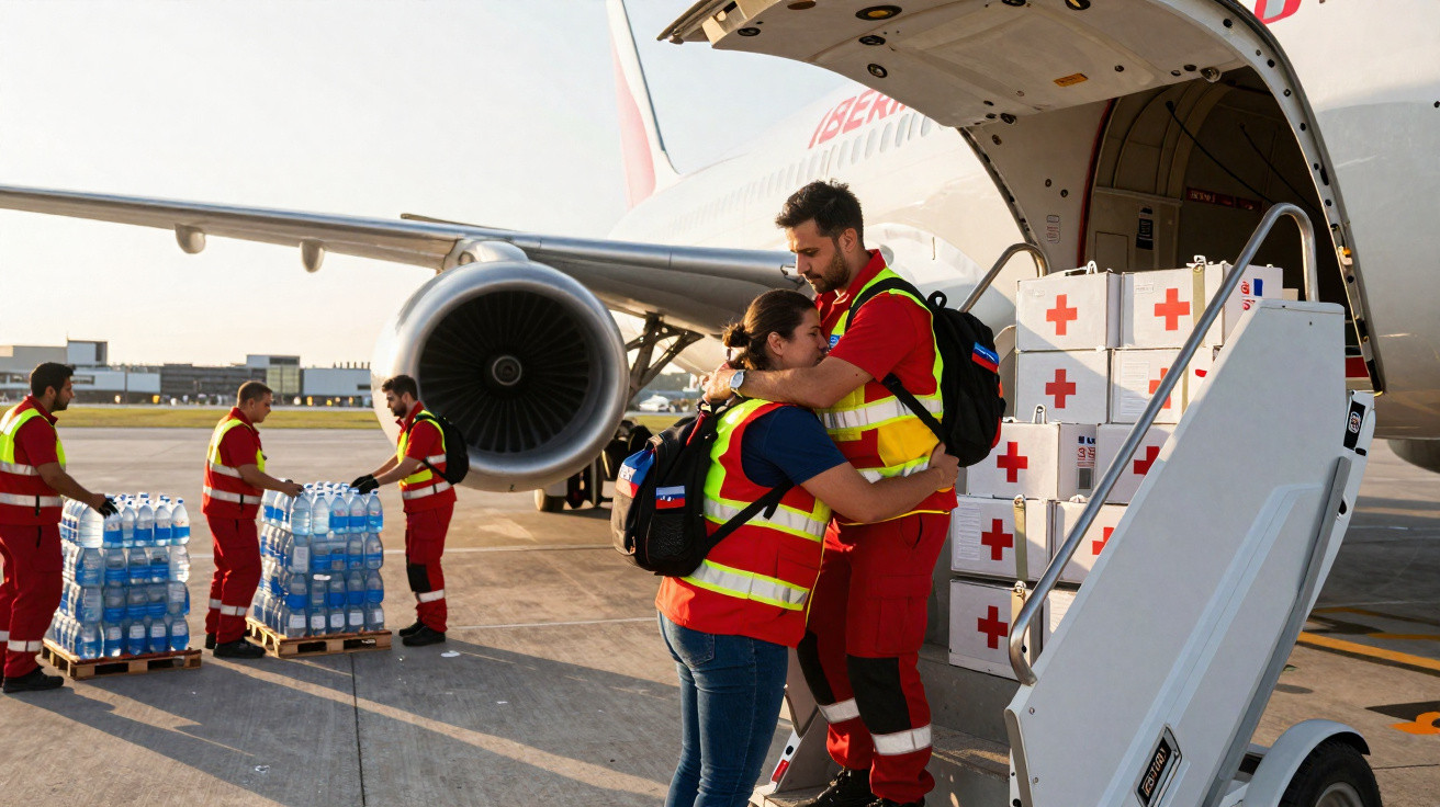 Equipe de resgate abraça-se próxima a avião com caixas de suprimentos e água no aeroporto.