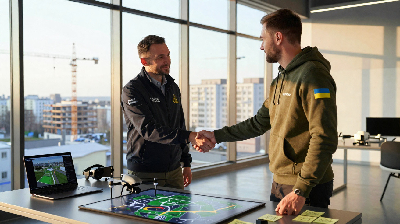 Duas pessoas apertando as mãos em escritório com maquete eletrônica e drones sobre a mesa.