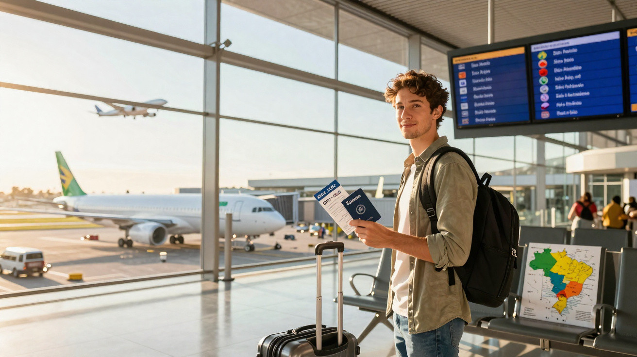 Jovem com mochila e mala no aeroporto, segurando passaporte e cartão de embarque, avião ao fundo.