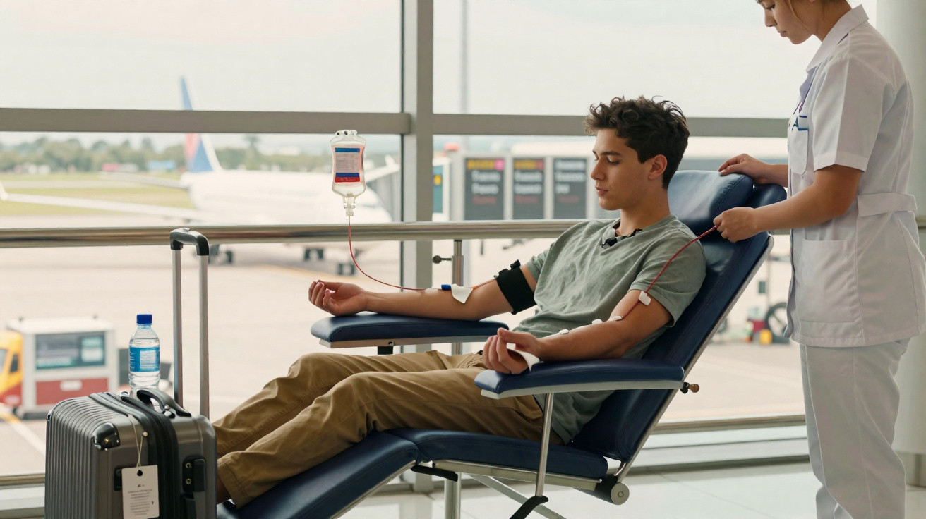Homem jovem sentado doando sangue em banco no aeroporto com enfermeira ao lado.