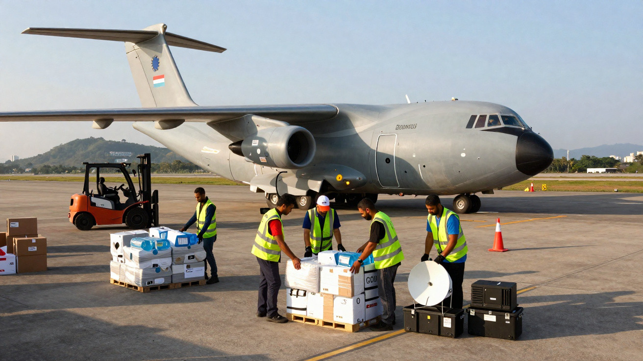 Avião militar carregando caixas e equipamentos com trabalhadores vestindo coletes refletores no aeroporto.