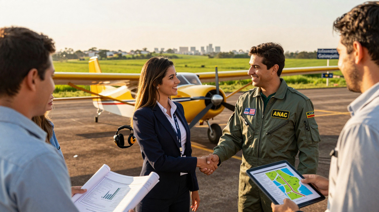 Piloto em macacão verde cumprimenta mulher de negócios diante de pequeno avião amarelo no aeroporto.