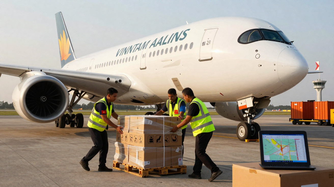 Três trabalhadores com coletes de segurança movimentam carga em palete próximo a avião branco em aeroporto.