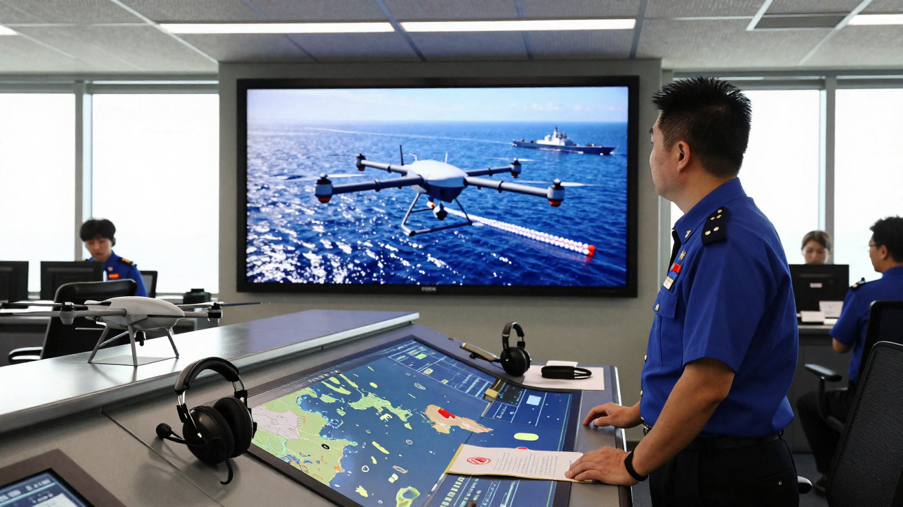 Sala de controle militar com oficiais monitorando drone e mapas digitais em telas.