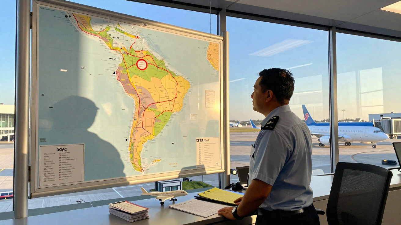 Homem fardado observa mapa da América do Sul em sala com janelas para pista de aeroporto.