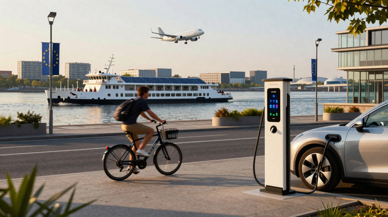 Homem de bicicleta passa por carro elétrico carregando em estação próxima a rio com barco e avião ao fundo.