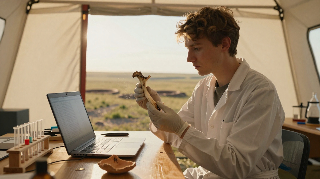 Cientista em jaleco analisa fragmento ósseo em laboratório móvel com laptop e tubos de ensaio.
