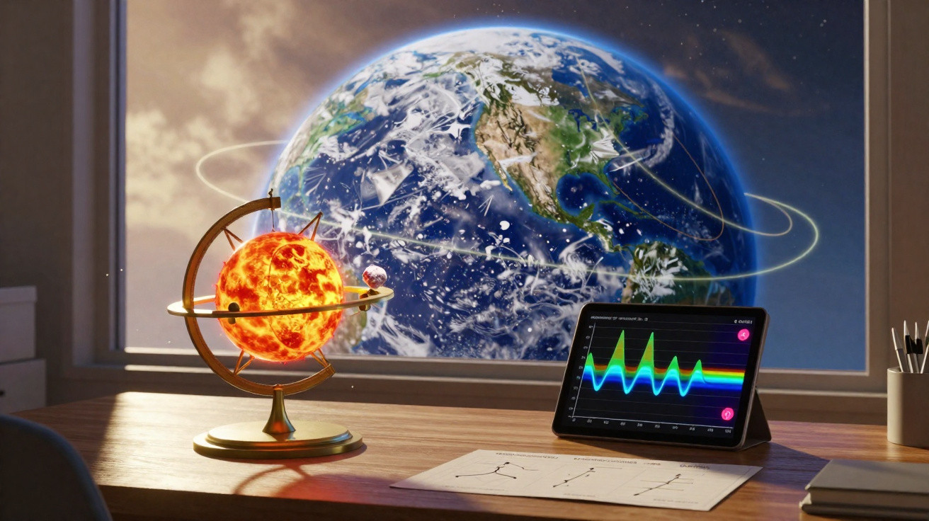 Mesa com globo solar iluminado, tablet exibindo gráfico colorido e janela mostrando a Terra vista do espaço.