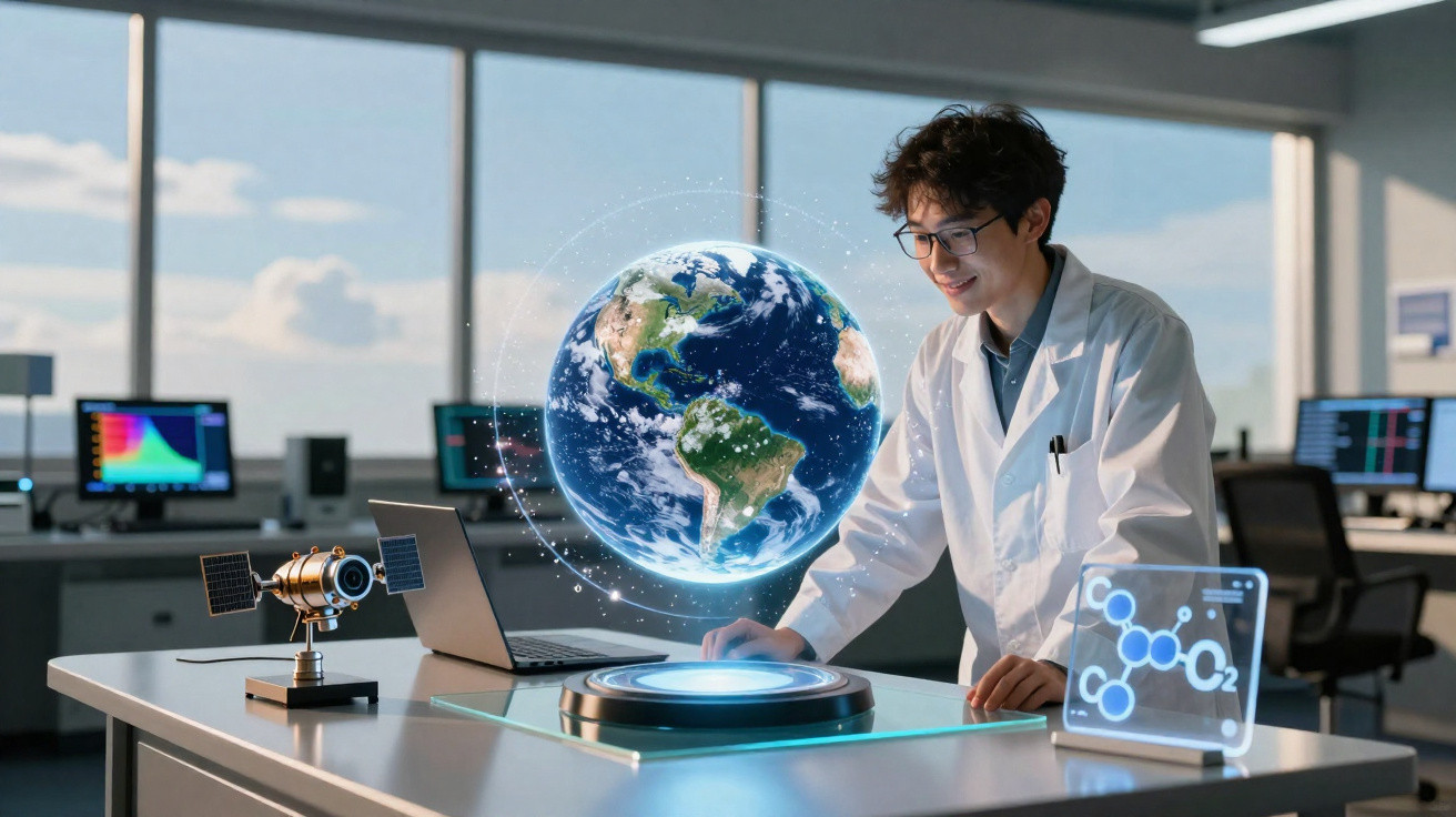Cientista em laboratório interagindo com projeção holográfica da Terra e dados científicos digitais.