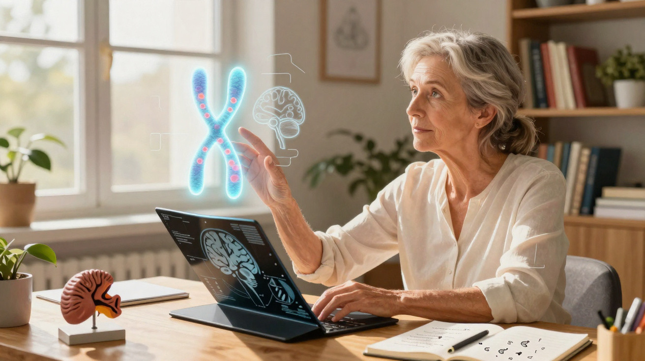 Mulher idosa usando laptop com imagens holográficas de cérebro e cromossomo em ambiente de estudo iluminado.
