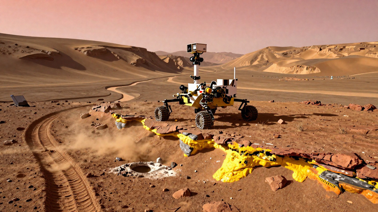 Rover explorando solo marciano avermelhado com trilhas na poeira e terreno montanhoso ao fundo.