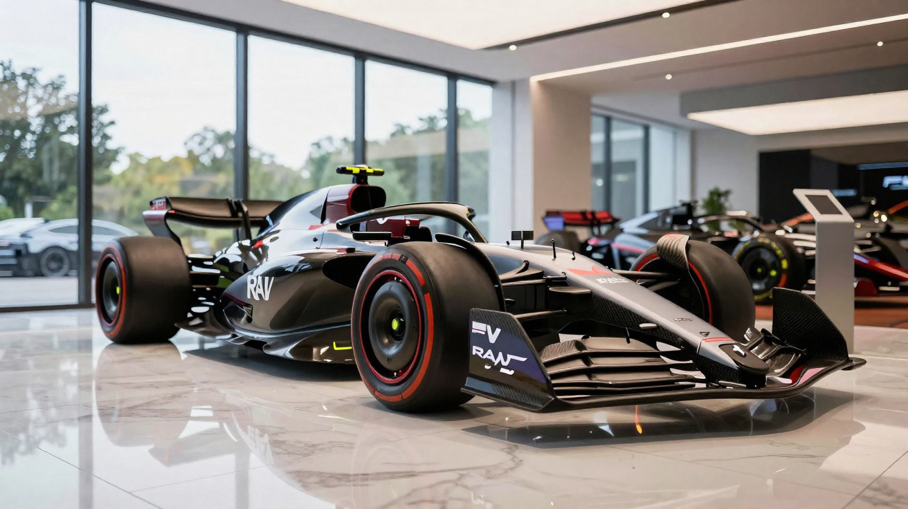 Carro de Fórmula 1 preto exposto em showroom com vidros amplos e piso de mármore.